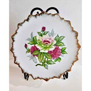 Vintage Floral Plate With Gold Serrated Edge & Hand-Painted Roses 6.75-Inch Wall